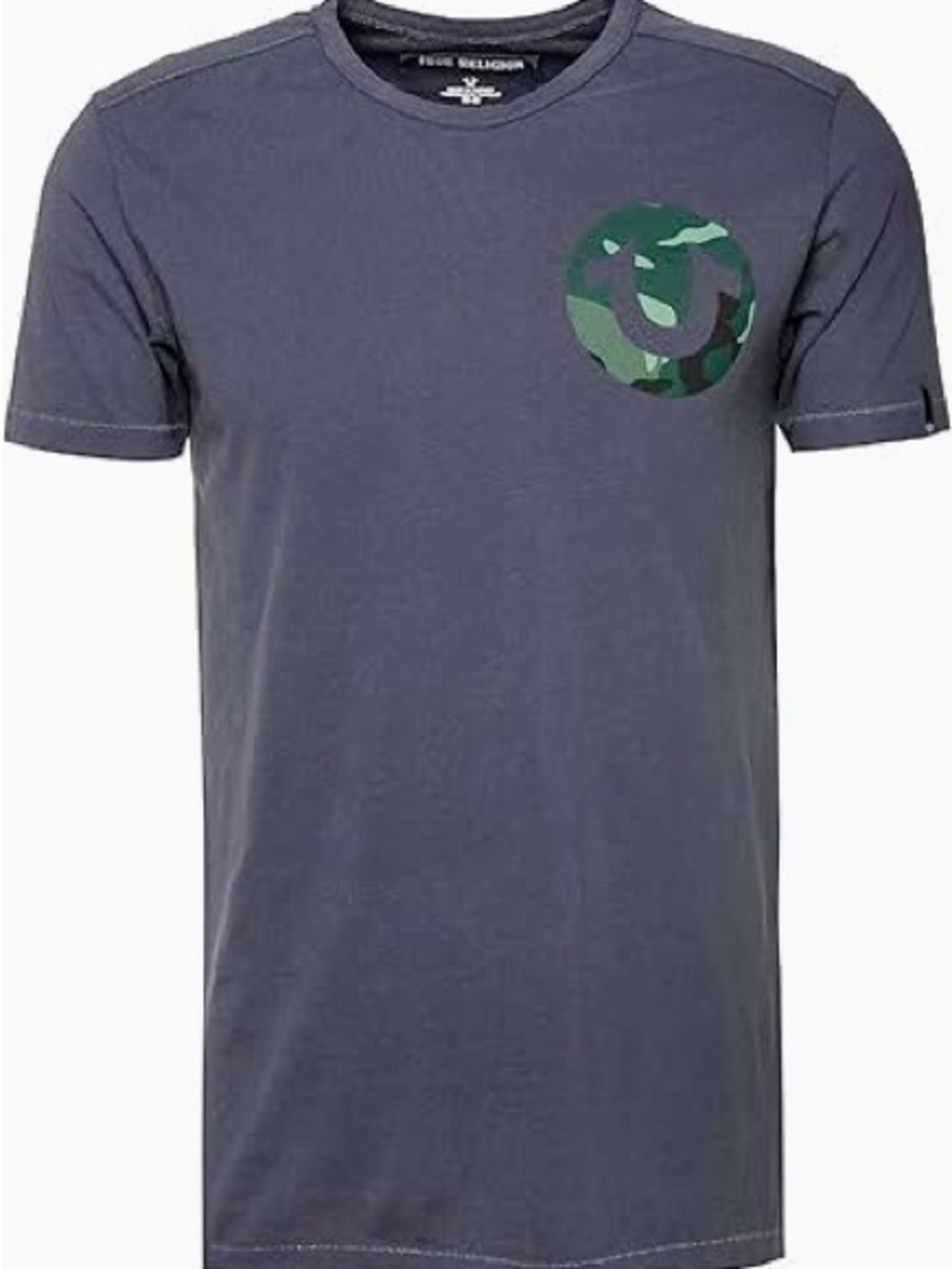 TRUE RELIGION Grey Blue Short Sleeve Tee w Green Camo Logo Mens T-shirt